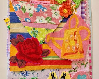 Sewing, stitching, slow sewing, journaling, hand sewing, collage, textile art, vintage embroidery, scrapbooking, fabric snippets, rabbits.