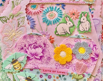 Sewing, stitching, slow sewing, journaling, hand sewing, collage, textile art, vintage embroidery, scrapbooking, fabric rabbits, ducks, bees