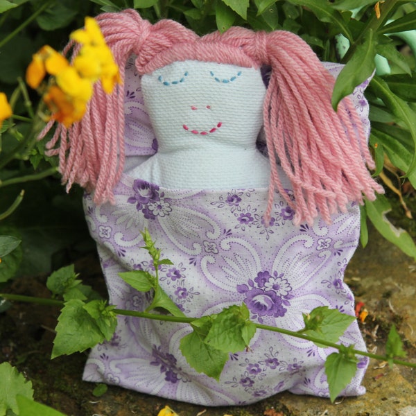 SALE !! Handmade doll, vintage fabric doll, soft doll, rag doll, sleeping doll, pink haired doll, angle face doll, sleeping doll, vintage.