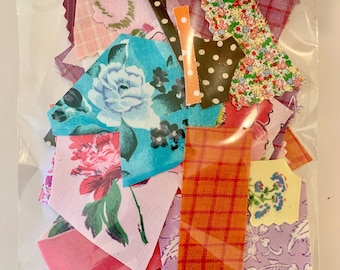 Vintage and new fabric scraps, stiffened fabric scraps, journalling, mixed fabric scraps, crafting scraps, craft pack, tiny scraps, collage