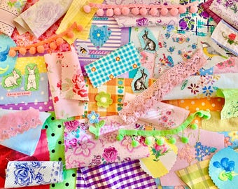 Sewing, stitching, slow sewing, journaling, hand sewing, collage, textile art, vintage embroidery, scrapbooking, fabric snippets, rabbits.