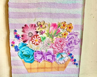 Vintage Textile Collage, Handmade Fabric Flower Picture, 8x6"