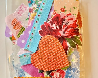 Vintage and new fabric scraps, stiffened fabric scraps, journalling, mixed fabric scraps, crafting scraps, craft pack, tiny scraps, collage