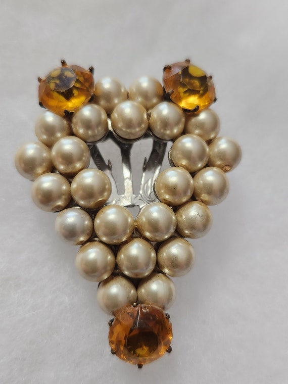 Dress Clip with Pearls and Topaz Colored Plastic … - image 1
