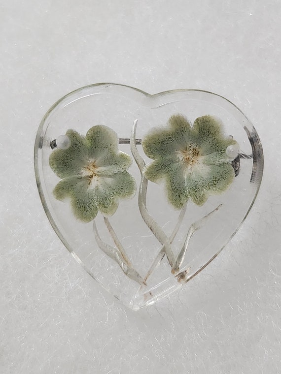 Sweet Lucite Flower Heart Brooch Vintage