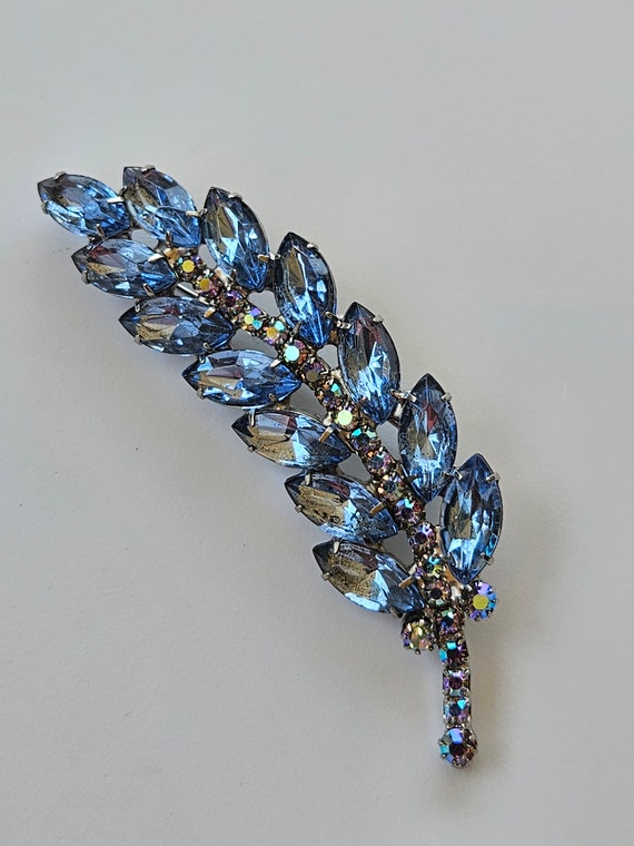Long Crystal Blue Rhinestone Vintage Brooch 1960s