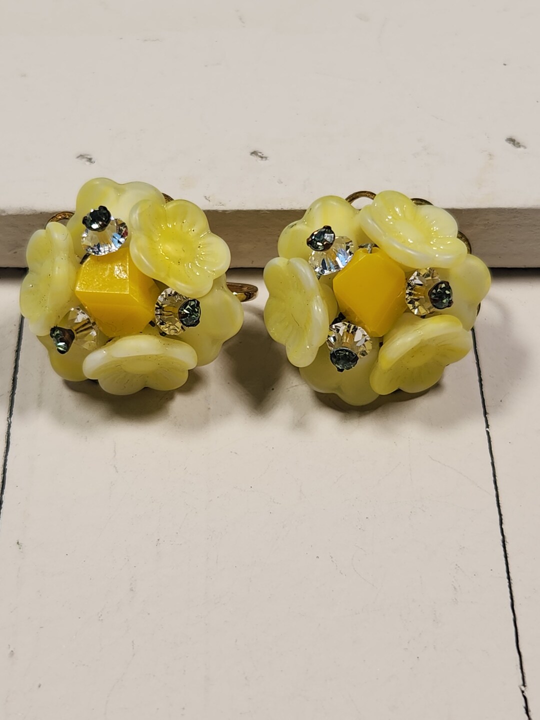 Yellow Glass Flower Cluster Clip on Earrings Retro Etsy