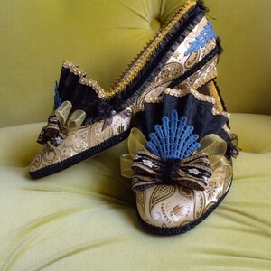 Marie Antoinette Costume Heels Shoes Black Gold Blue Brocade - Etsy