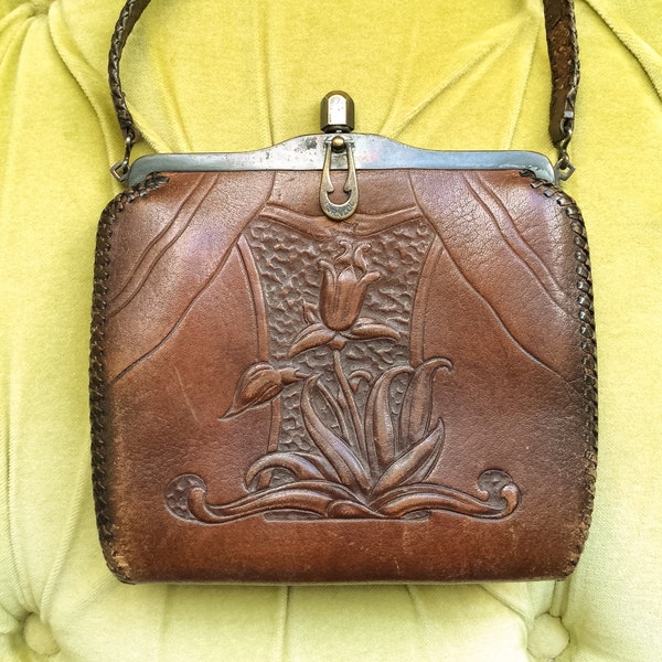 Antique Vintage Art Nouveau Leather Purse Brown Tooled Floral Deco Suede & Leather Handbag 1910's 1920's Edwardian Turnloc Bag Flapper RARE