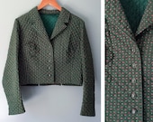 Vintage Quilted Jacket Victorian Style Blazer Austrian German Hunter Green Floral Antique Silver Buttons Tailored Cotton Size 44 Large XL