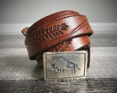 Vintage Sterling Silver Buffalo Belt Buckle Navajo Native American Indian Tooled Brown Leather Cowboy Belt 38 39 40 41 42 43 44 45 Large XL