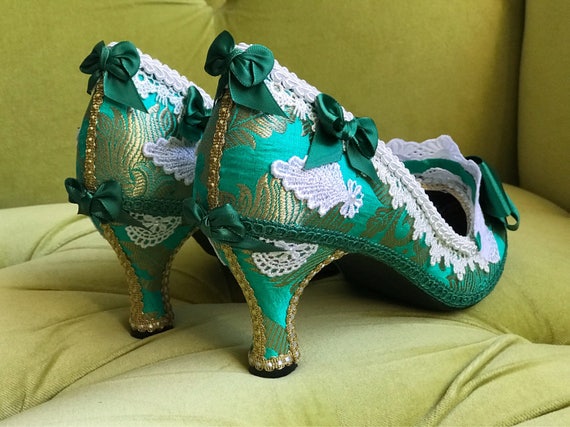 hop klinker Hesje Emerald Jade Green & Metallic Gold Brocade Heels Shoes Marie - Etsy