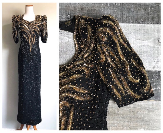 size 10 12 heavily beaded chiffon evening dress 80 beaded black silk cocktail dress