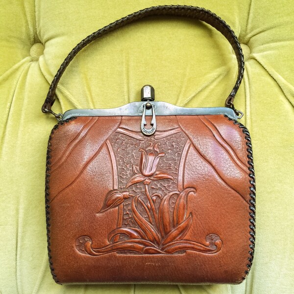 Antique Vintage Art Nouveau Leather Purse Brown Tooled Floral Deco Suede & Leather Handbag 1910's 1920's Edwardian Turnloc 20s Flapper RARE