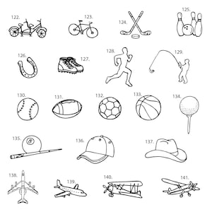 May include: Black and white line drawings of various sports and leisure activities, including a tandem bicycle, a single bicycle, hockey sticks and a puck, bowling pins, a horseshoe, a pair of hiking boots, a running figure, a fishing rod and hook, a baseball, a football, a soccer ball, a basketball, a golf ball and tee, a pool cue and ball, a baseball cap, a cowboy hat, an airplane, and a biplane.