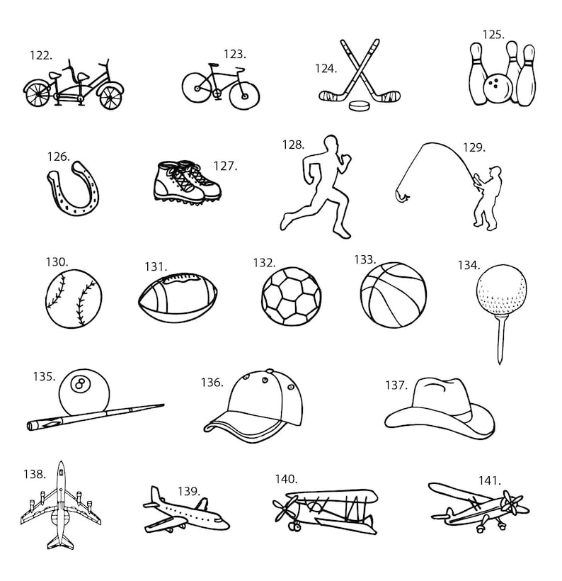 May include: Black and white line drawings of various sports and leisure activities, including a tandem bicycle, a single bicycle, hockey sticks and a puck, bowling pins, a horseshoe, a pair of hiking boots, a running figure, a fishing rod and hook, a baseball, a football, a soccer ball, a basketball, a golf ball and tee, a pool cue and ball, a baseball cap, a cowboy hat, an airplane, and a biplane.