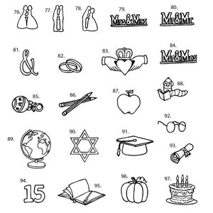 May include: Black and white line drawings of various wedding, graduation, and other celebratory icons.  The icons include a wedding couple, a ring, a graduation cap, a globe, a star of David, a cake, a pumpkin, a book, a pencil, an apple, a rattle, and more.
