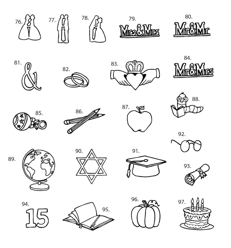 May include: Black and white line drawings of various wedding, graduation, and other celebratory icons.  The icons include a wedding couple, a ring, a graduation cap, a globe, a star of David, a cake, a pumpkin, a book, a pencil, an apple, a rattle, and more.