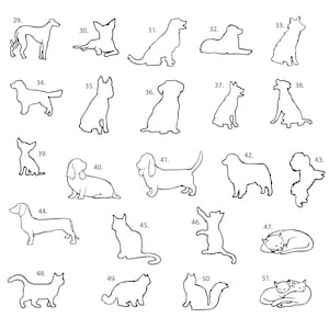 May include: Black and white line drawings of various dog and cat breeds. The drawings are numbered 29 through 51.