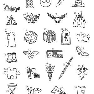 May include: Black and white line art illustrations of various popular culture icons, including Harry Potter, Star Wars, Doctor Who, and more. The illustrations are numbered 1 through 28.