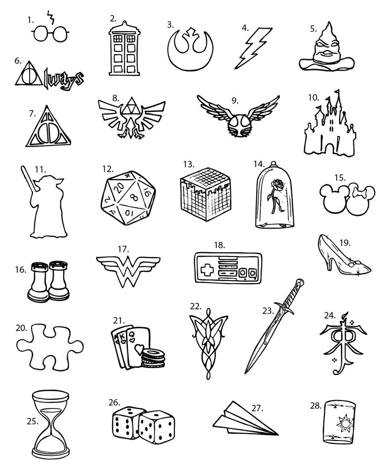 May include: Black and white line art illustrations of various popular culture icons, including Harry Potter, Star Wars, Doctor Who, and more. The illustrations are numbered 1 through 28.