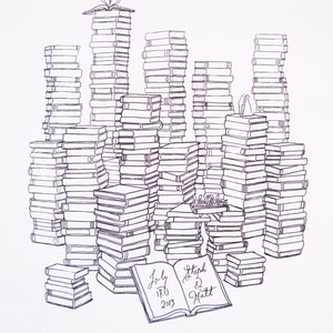 May include: A black and white illustration of a wedding invitation with a stack of books forming a city skyline. The books are topped with a heart and the words "Mr. & Mrs." The open book at the bottom of the illustration has the text "July 17, 2013 Steph & Matt".