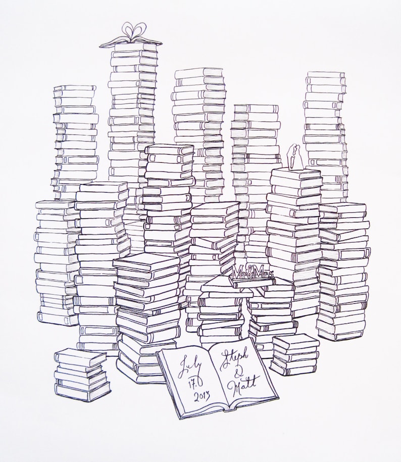 May include: A black and white illustration of a wedding invitation with a stack of books forming a city skyline. The books are topped with a heart and the words "Mr. & Mrs." The open book at the bottom of the illustration has the text "July 17, 2013 Steph & Matt".