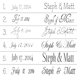 May include: Six different variations of the names Steph and Matt written in cursive script. The date July 17, 2014 is written in a standard font below each name.