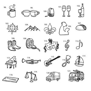 May include: A black and white illustration set of 24 different icons. The icons include a cup of coffee, tea bags, wine glasses, a wine bottle, a maple leaf, mountains, a fleur-de-lis, a taco, cowboy boots, a film reel, theater masks, a musical note, a piano, a trumpet, an electric guitar, a stethoscope, a sailboat, a knife on a cutting board, a scale, an ambulance, and a fire truck.