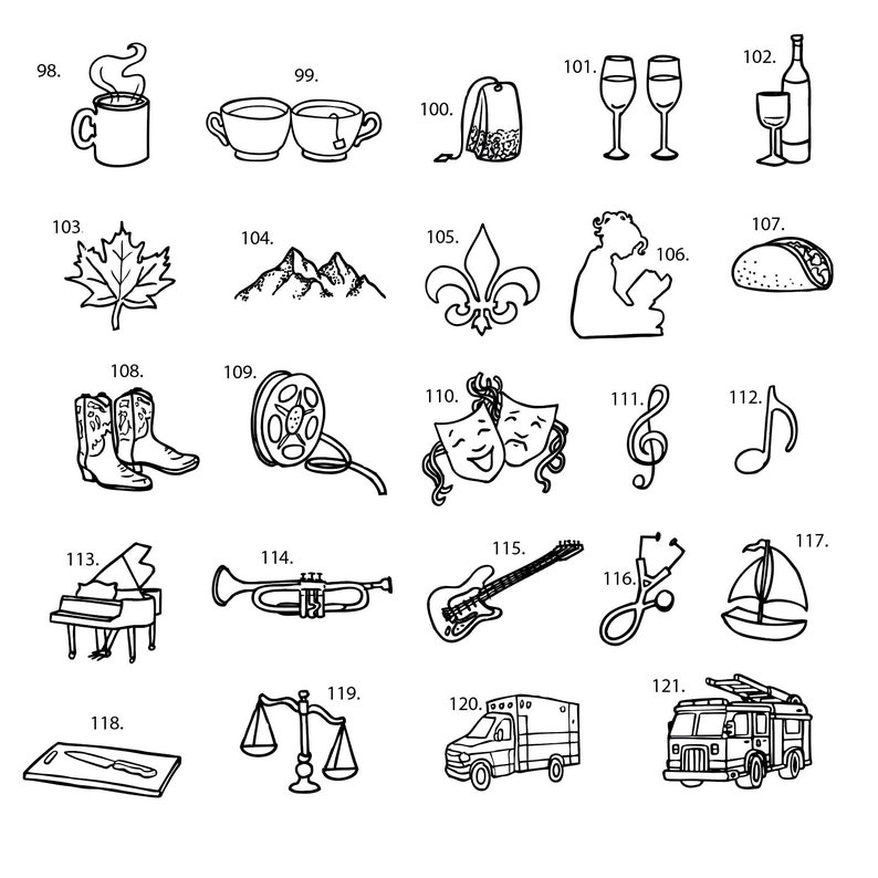 May include: A black and white illustration set of 24 different icons. The icons include a cup of coffee, tea bags, wine glasses, a wine bottle, a maple leaf, mountains, a fleur-de-lis, a taco, cowboy boots, a film reel, theater masks, a musical note, a piano, a trumpet, an electric guitar, a stethoscope, a sailboat, a knife on a cutting board, a scale, an ambulance, and a fire truck.