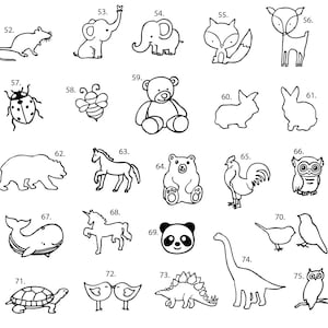 May include: Black and white line drawings of various animals, including a mouse, elephant, fox, deer, ladybug, bee, teddy bear, rabbit, bear, horse, polar bear, rooster, owl, whale, unicorn, panda, dinosaur, and birds. The drawings are numbered 52 through 75.