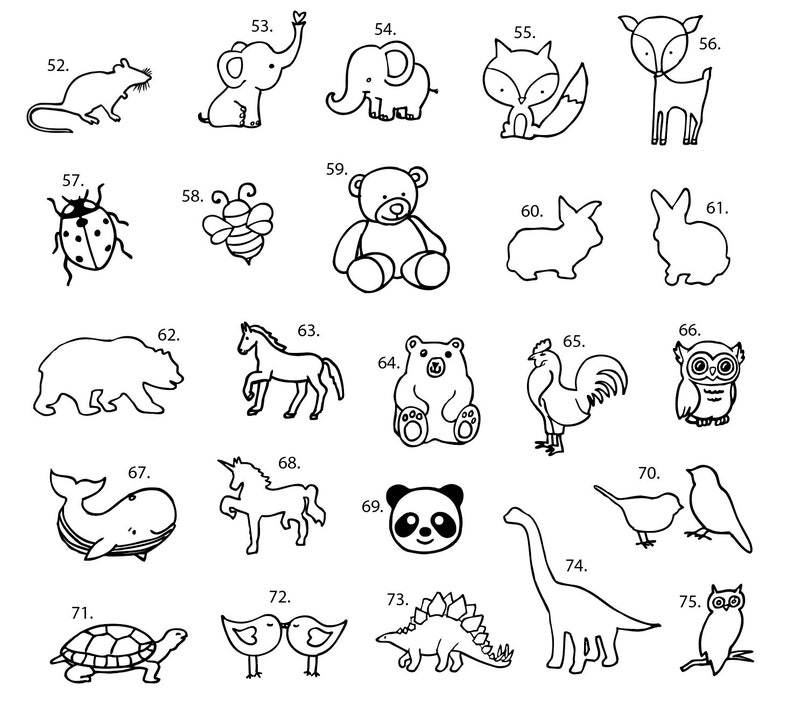 May include: Black and white line drawings of various animals, including a mouse, elephant, fox, deer, ladybug, bee, teddy bear, rabbit, bear, horse, polar bear, rooster, owl, whale, unicorn, panda, dinosaur, and birds. The drawings are numbered 52 through 75.