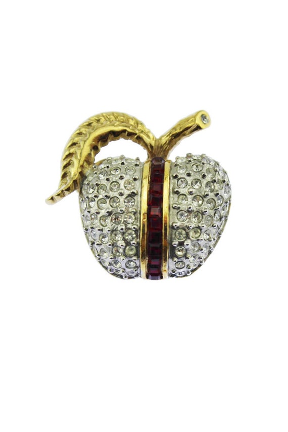 Vintage Rhinestone Apple Brooch, Rhinestone Apple