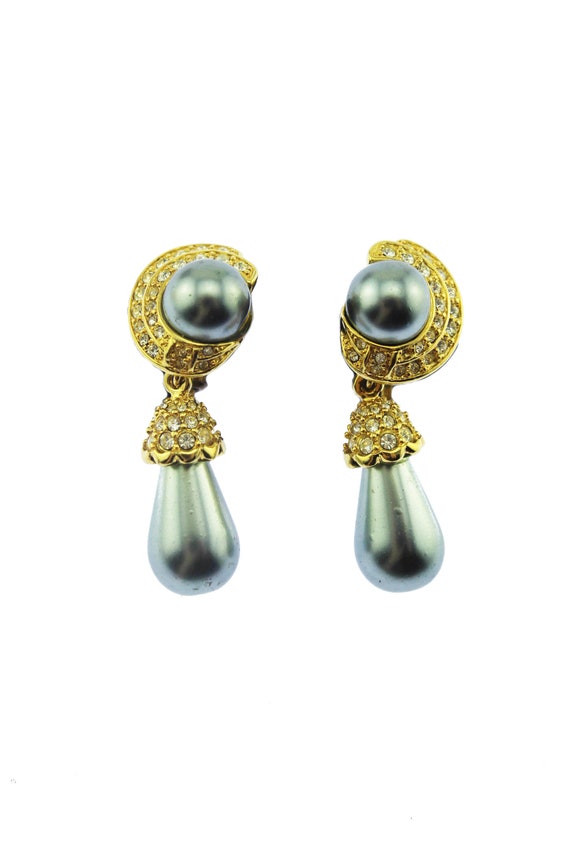 Joan Rivers Black Pearl Earrings, Rhinestone Dangl