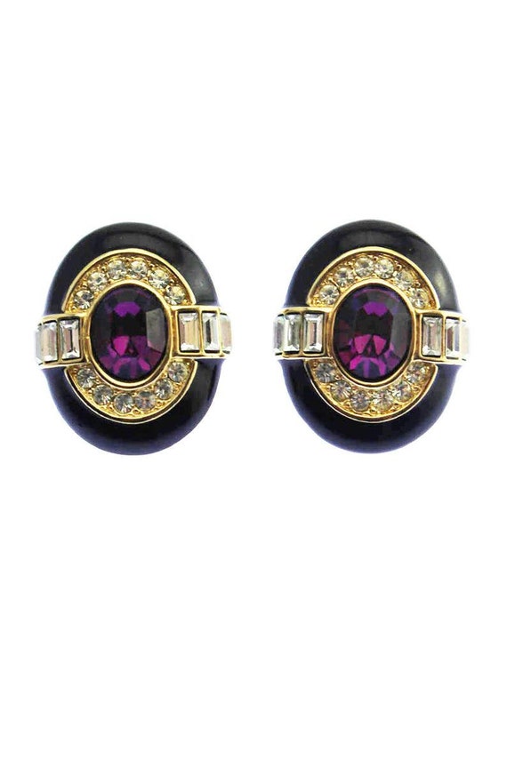 Oscar de la Renta Purple Rhinestone Earrings, Osca