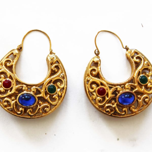 Vintage Gold Hoop Earrings, Chunky Gold Earrings, Gold Filigree Hoop Earrings