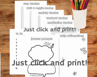 Bullet Journal Pages, Activity Tracker, Meditation, Nutrition, Step, Workout, Grid, 13 templates, A5 5.8x8.3" Printable, Digital Download