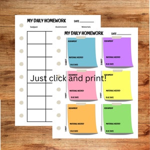 May include: Printable daily homework planner with six colourful sticky note sections for assignment details, materials needed, and due date. The planner has a title that says "My Daily Homework" and includes space for subject, assignment, and materials.