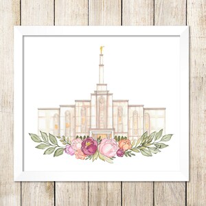 May include: A watercolor painting of a white temple with a gold spire, surrounded by a wreath of pink, peach, and green flowers. The temple is set against a white background.