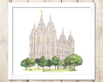 Salt Lake City, UT Watercolor Temple with Trees Digital Download