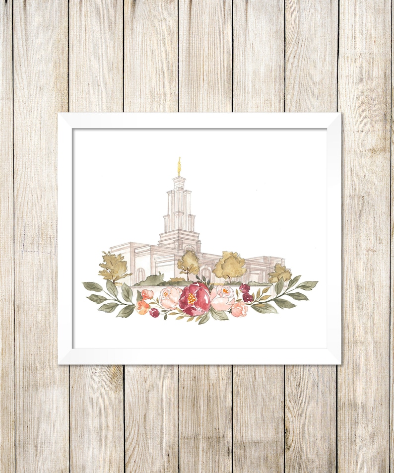 May include: A watercolor painting of a white temple with a gold spire surrounded by a wreath of pink, red, and green flowers.