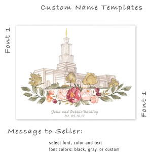May include: Watercolor illustration of a temple with a floral wreath and the text "John and Debbie Harding Est. 09.10.17".