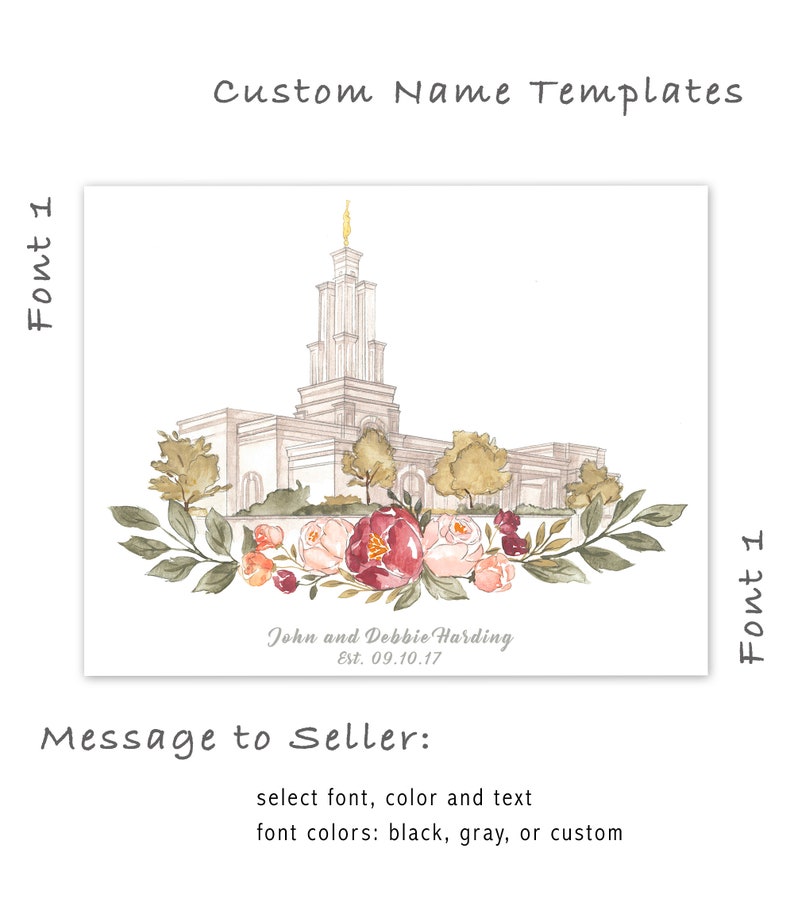 May include: Watercolor illustration of a temple with a floral wreath and the text "John and Debbie Harding Est. 09.10.17".