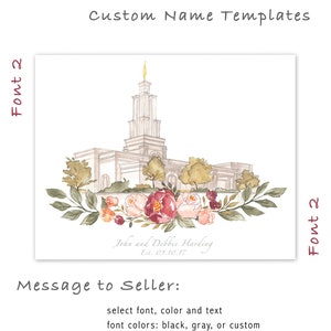 May include: A watercolor illustration of a temple with a floral wreath and the text "John and Debbie Harding Est. 09.10.17".