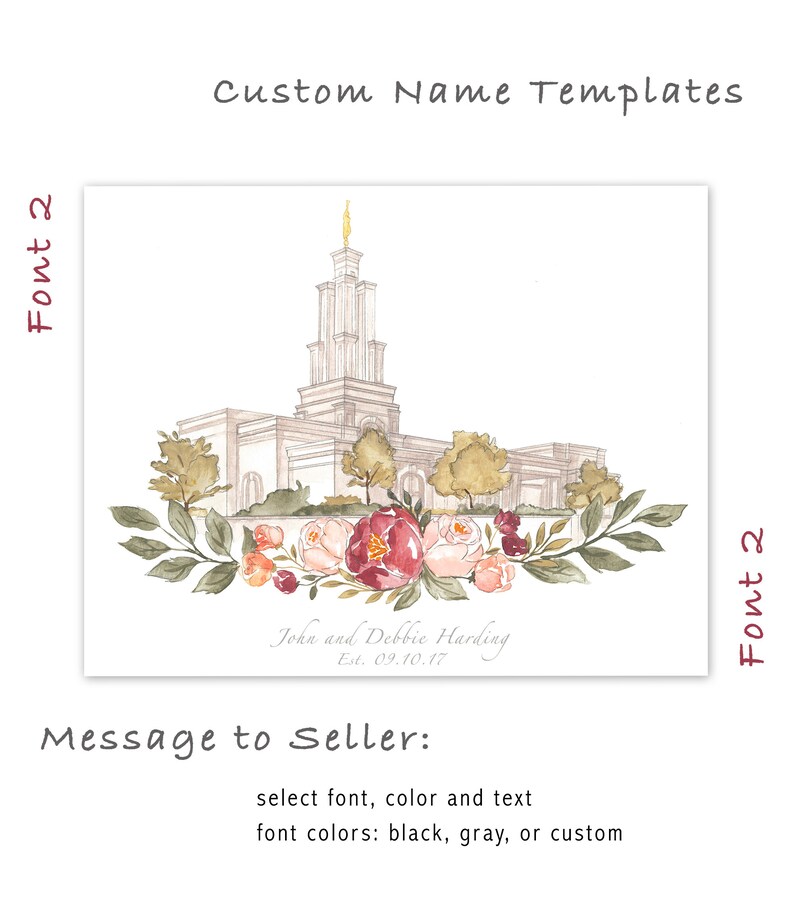 May include: A watercolor illustration of a temple with a floral wreath and the text "John and Debbie Harding Est. 09.10.17".