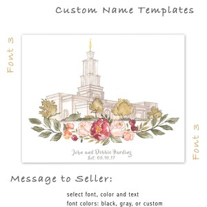 May include: A watercolor illustration of a temple with a floral wreath and the text "John and Debbie Harding Est. 09.10.17".