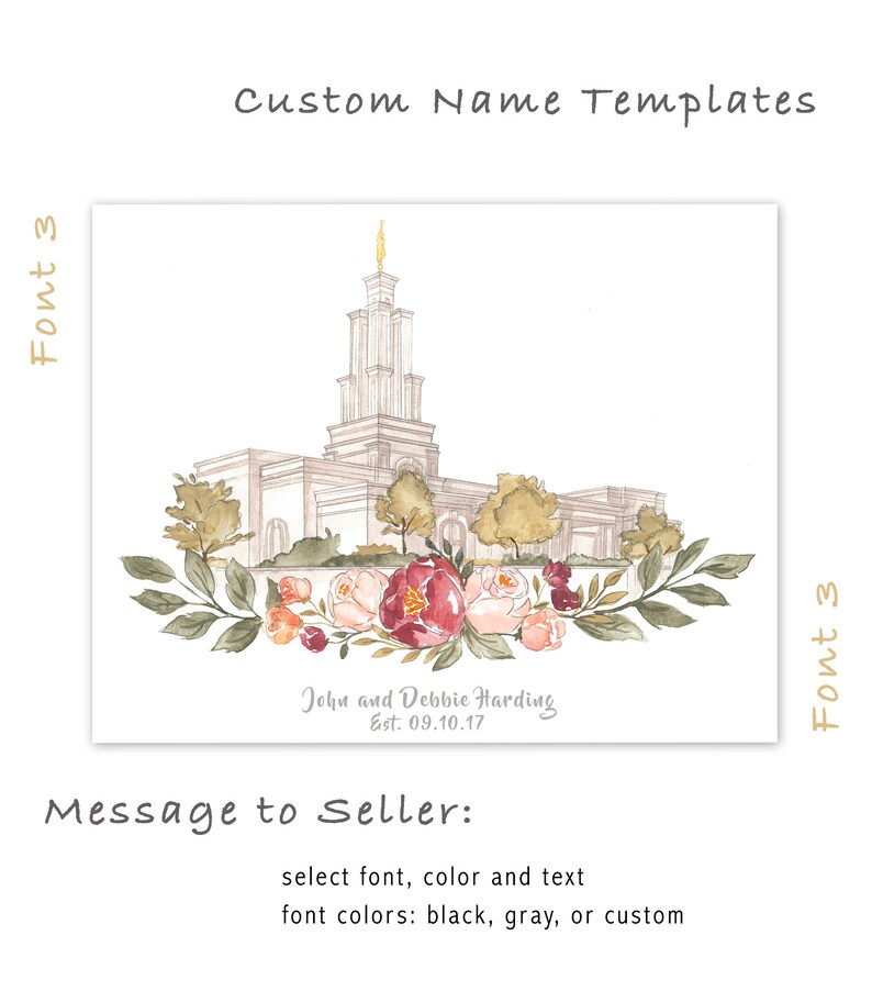 May include: A watercolor illustration of a temple with a floral wreath and the text "John and Debbie Harding Est. 09.10.17".