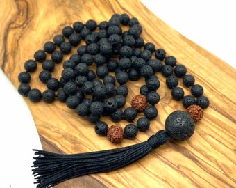 Mala Beads/108 Bead Mala/Yoga Jewelry/Meditation Beads/Prayer Beads/Tassel Necklace -Black Lava Rudraksha Seed