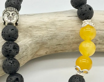 Yellow Jade Silver and Black Lava Stone Stackable Solar Plexus Chakra Stretch Bracelet
