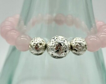 Rose Quartz and Silver Dipped Lava Stone Stackable Stretch Boho Beaded Bracelet